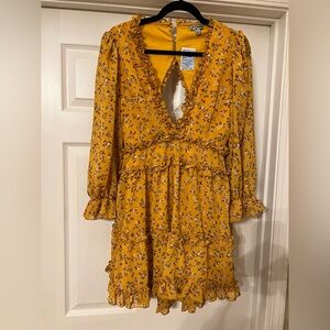 Mustard Floral Long Sleeve Open back ruffle edge Size LARGE Dress NWT